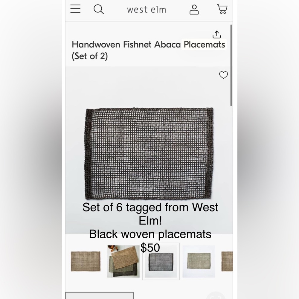 NWT Set of 6 West Elm Black Woven Placemats